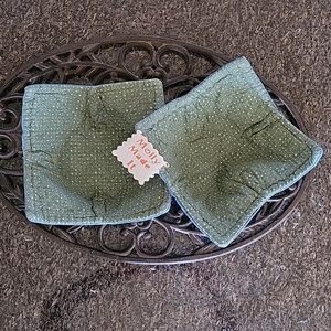 Green  & Cream Polka Dots 2 Cozies Upcycled Blue Denim Jeans Hand Crafted XL